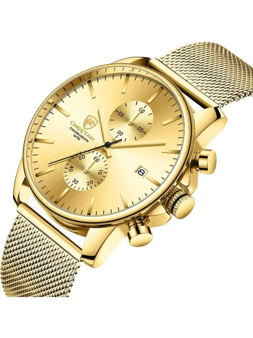 Men's Gold Quartz Analog Mesh Strap Stainless Steel Chronograph Round Watch
